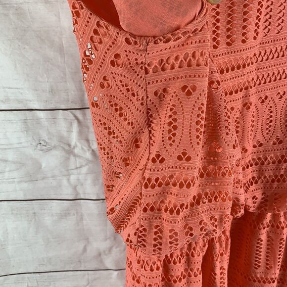 London Times Dress Maxi Midi V-neck 8 M Orange Pink elastic waist lace stretch - Picture 5 of 16